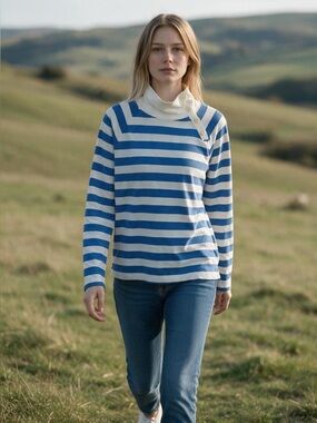 J. Crew Blue & White Striped Button-Shoulder Turtleneck